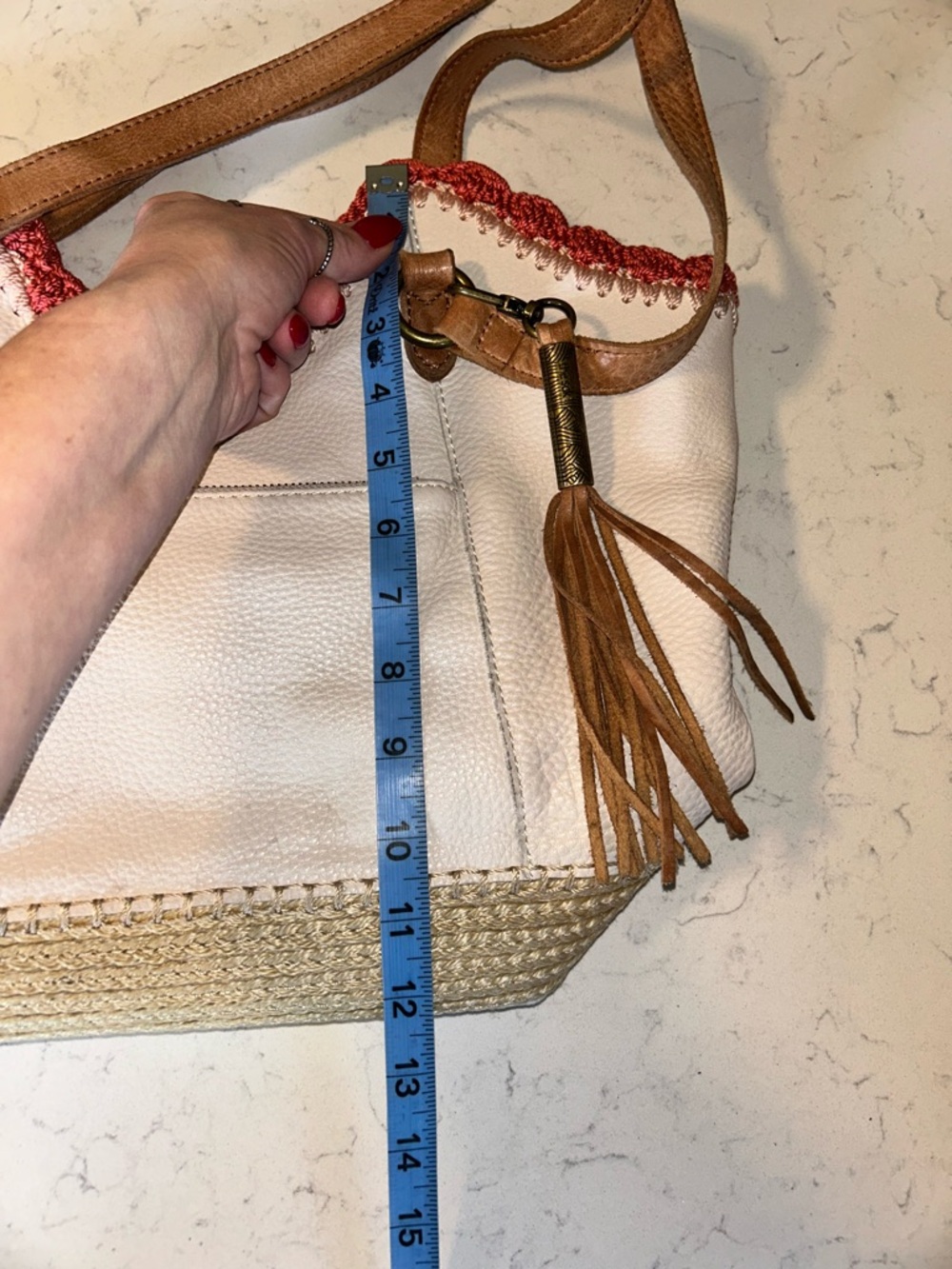 The Sak White Leather Shoulder Bag with Pink Embroidered Trim and Tan Braiding - Picture 7 of 16